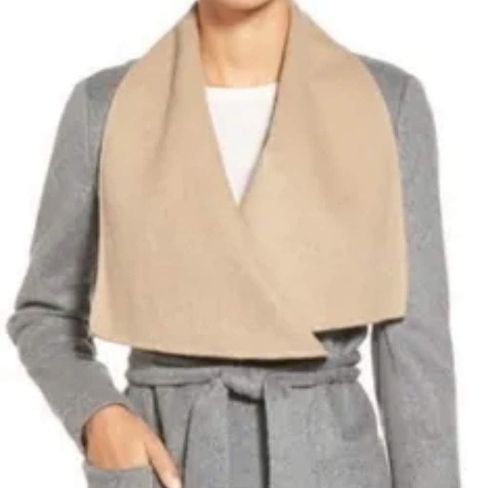 BCBG Max Azria Double Face Wool Blend Wrap Coat Gray/Beige XXS